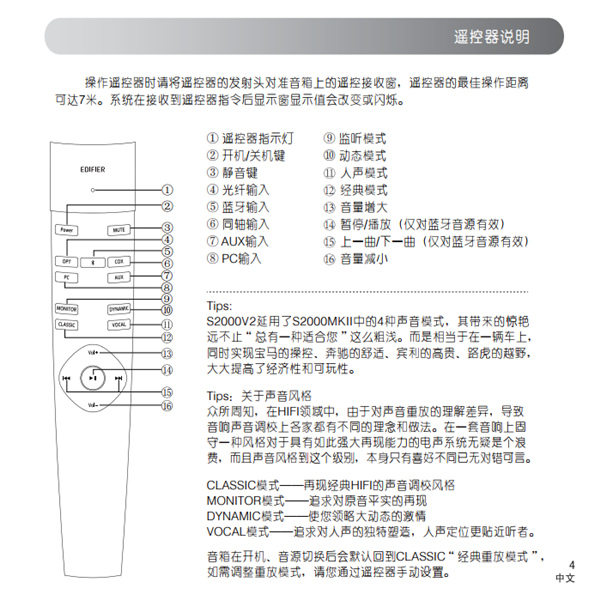 漫步者S2000V2音响的产品使用说明书