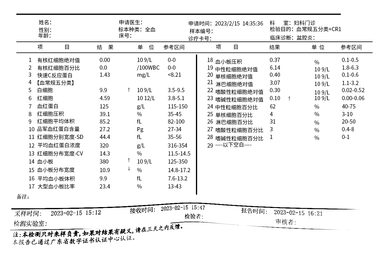 盆腔炎报告单图片