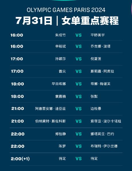 2024巴黎奥运会乒乓球赛程直播时间表 7月31日今天国乒比赛对阵名单